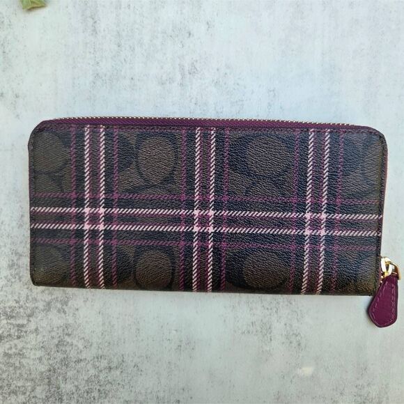 Coach Signature Slim Shirting Plaid Print Canvas Accordion Zip Wallet F87718 - Picture 6 of 10